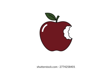 A cartoon-style of a red apple with a bite taken out of it, featuring a green leaf on The apple has a shiny appearance and a black outline. The background of the is plain white.