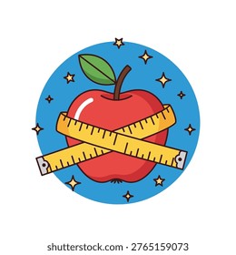 a cartoon-style red apple with a green leaf and brown stem sits on a blue circle background surrounded by small stars. A yellow measuring tape is wrapped around the apple in an 'x' shape.