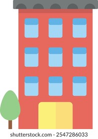 Cartoon-style red building with a gray roof, three floors, blue windows, yellow door, and a green tree, ideal for children's themes or educational materials