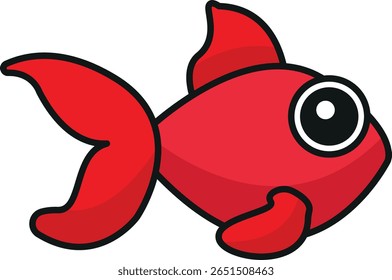 Cartoon-style red fish with large white-highlighted eye, bold black outline, and curved fins; playful aquatic character for children's content, icons, or whimsical design themes.