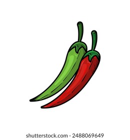 Cartoon-style red and green chili peppers are isolated against a clean white background, making them perfect for various design projects.