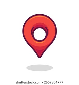 Cartoon-style red map pin icon with bold outline and soft shading. Ideal for location markers, maps, navigation UI, and travel themes.