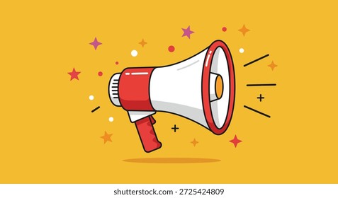 Um megafone vermelho e branco em estilo cartoon com uma pega, emitindo ondas sonoras e rodeado por estrelas coloridas e faíscas.