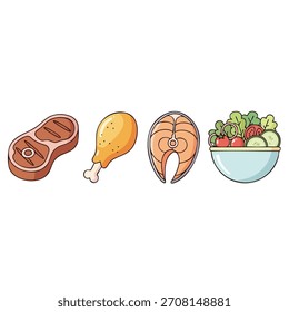 La representación de estilo de dibujos animados muestra un filete, pata de pollo frita, filete de salmón y ensalada en un tazón.