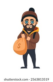 Cartoon-style robber with a brown money bag, dressed in a hoodie and hat. Ideal for concepts like crime, theft, security, and risk in financial or security-related themes