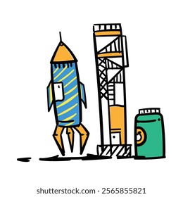 "Cartoon-style rocket on launch base, vibrant illustration for creative projects."