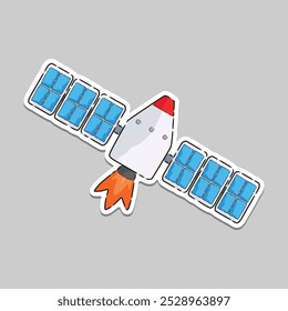 Una Ilustración vectorial satelital de estilo de dibujos animados con un cuerpo similar a un cohete, paneles solares a cada lado y una llama que emerge de la parte posterior. Parece estar flotando en el espacio con un fondo gris. 