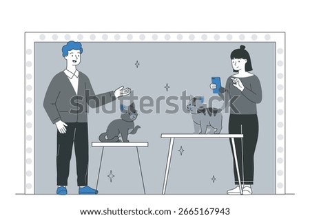 Cartoon-style scene of a cat show with two people judging cats on tables, stars in the background, on a grey stage, concept of pet competition. Vector illustration