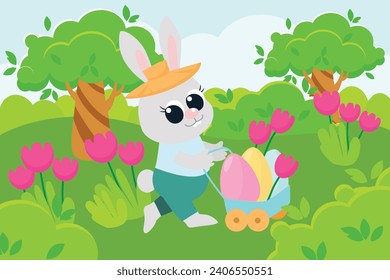 A cartoon-style scene of the Easter Bunny carrying decorative eggs in a cart to a meadow among bushes, flowers, and trees. The rabbit is dressed in a shirt, pants and a hat.