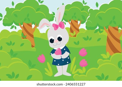 A cartoon-style scene of the Easter Bunny standing in a meadow among bushes, flowers and trees. The rabbit is wearing a dress and holding an Easter egg.