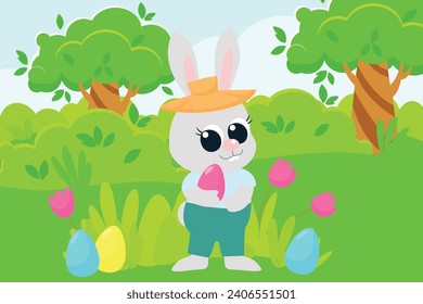 A cartoon-style scene of the Easter Bunny standing in a meadow among bushes, flowers and trees. The rabbit holds a colored egg in its paws and is dressed in a shirt, pants and a hat.