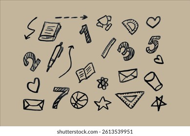 Cartoon-style school elements and icons drawn by hand. Black color line art vector. Isolated on a white background.