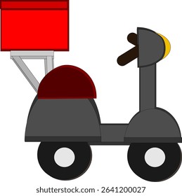 Cartoon-style scooter with a bright red box mounted on the back, illustrated in a playful design. Features include a bright red box mounted on the back, a dark gray body, and oversized wheels.