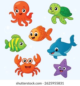 Cartoon-style sea animals including octopus, turtle, dolphin, fish, crab, and starfish with cheerful faces on blue background. Great for kids and learning themes.