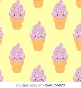 Cartoon-style seamless ice cream pattern with smiling cones, sprinkles, and whipped cream — ideal for fabric, greeting cards, or party banners.