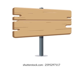 Cartoon-style signpost with wooden planks on a metallic pole. Weathered appearance for outdoor use. Clean white backdrop, ideal for branding, web graphics, or print designs.