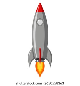 A cartoon-style, silver rocket with a red tip and fins blasts off with a trail of bright orange and yellow flames against a clean white background.