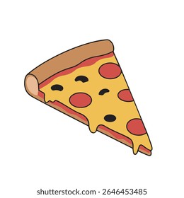 Cartoon-style slice of pepperoni pizza with melted cheese, black olives, and a golden crust, isolated on white background. Simple and colorful vector ideal for food-related designs