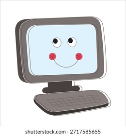 Ilustración de computadora sonriente de estilo de dibujos animados con cara amigable: ideal para afiches de clase de temática tecnológica y pantallas de incorporación de App digitales amigables para principiantes