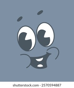 Cartoon-style smiling face design with large expressive eyes, curved eyebrows, and a cheerful expression on a gray background. Concept of fun and creativity. Vector illustration.