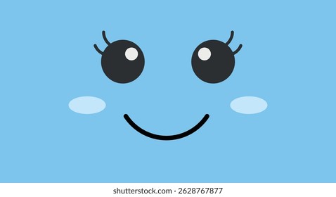 Cartoon-style smiling face with large black eyes, curved eyelashes, light blue cheeks, and a curved black mouth on a blue background.  