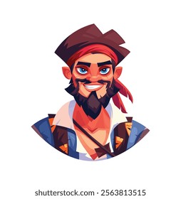 Cartoon-style smiling pirate with a red bandana and a confident expression. Great for pirate, adventure, sea, or treasure hunt concepts in kids’ or entertainment themes