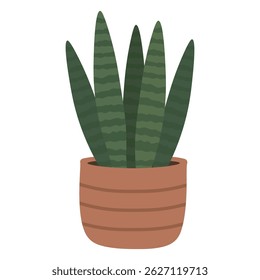 Cartoon-style snake plant in a striped pot, drawn in soft flat vector for decoration use.