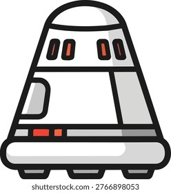 A cartoon-style space capsule with a rounded design, featuring a white body, gray accents, and a thick black outline. It has small windows and a red stripe.