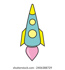 A cartoon-style spaceship rocket icon. A toy rocket takes off, spewing smoke.