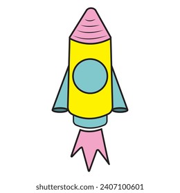 A cartoon-style spaceship rocket icon. A toy rocket takes off, spewing smoke.