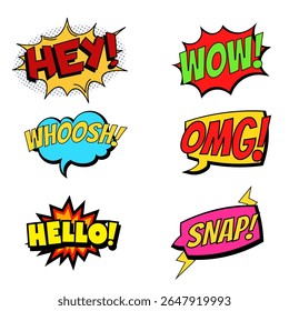 Cartoon-style speech bubbles with words like HELLO, OMG, SNAP, and WOW. Designed in vibrant pop art style.