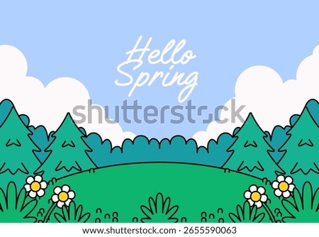 Cartoon-style spring landscape with green trees, flowers, and text "Hello Spring" on a blue sky background. Ideal for seasonal greetings, eco themes, or nature content
