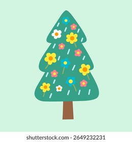 Cartoon-style spring tree with blooming colorful flowers and rain. Ideal for spring season visuals, educational projects, and classroom decorations for young learners.