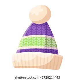 Chapéu de inverno listrado estilo desenho animado com pom-pom, com padrões de malha roxa e verde, isolado no fundo branco. Ilustração vetorial