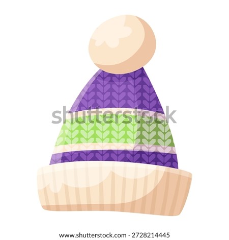 Cartoon-style striped winter hat with pom-pom, featuring purple and green knitted patterns, isolated on white background. Vector illustration
