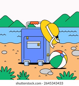 Cartoon-style suitcase on a sandy beach with a sun hat and beach ball. Perfect for summer vacation, travel, holiday, and tropical getaway themes.