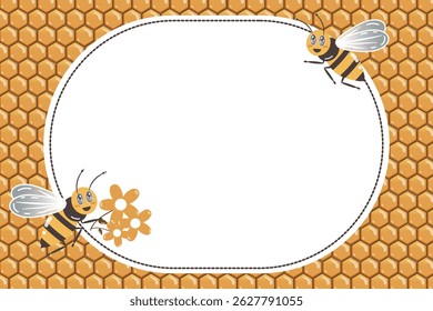 Cartoon-style summer background with Copy Space: bees and honeycombs. Suitable for summer and beekeeping projects, designing posters, honey labels, invitations and greeting cards.