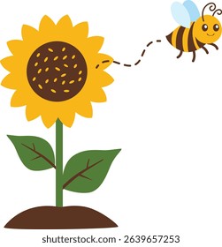 Cartoon-style sunflower with a bee flying towards it, symbolizing pollination and nature, ideal for garden and eco-themed designs.


