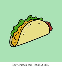 A cartoon-style taco illustration with classic toppings like lettuce, cheese, and meat. Great for blogs, merchandise, stickers, or digital designs.