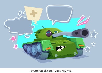 Cartoon-style tank with playful facial expressions. Its green exterior showing signs of damage, colorful speech bubbles around it adding whimsical touch