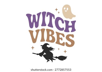 a cartoon-style text 'witch vibes' with a ghost and a flying witch silhouette on a white background.