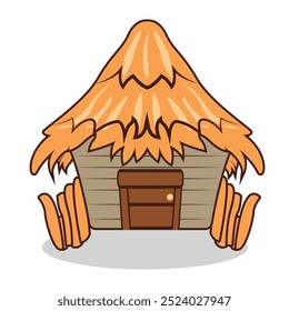 A cartoon-style thatched-roof hut with a wooden door and decorative elements.