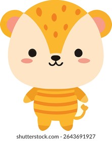 A cartoon-style tiger cub with golden fur, a striped shirt, and a curled tail, presented in a cute and simplified design.