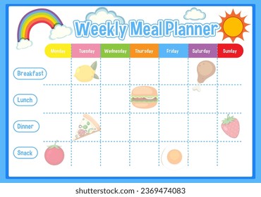 A cartoon-style time table for planning meals from breakfast to dinner and snacks for children throughout the week