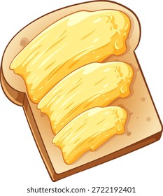 Rebanada de tostada de estilo de dibujos animados con mantequilla derretida suave, colores brillantes, líneas limpias, fondo blanco