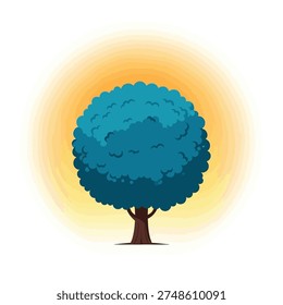 A cartoon-style tree with a round, blue crown and a brown trunk, set against a soft, blurred background.