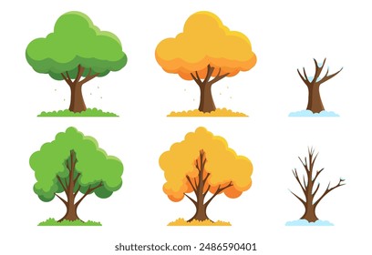 Cartoon-style trees for each season from spring to winter. Collection of tree illustrations. Vector illustration flat design style