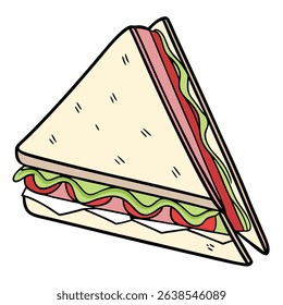 Sanduíche de triângulo estilo Cartoon apresenta presunto, alface, tomates e camadas cremosas em fundo branco isolado com um contorno arrojado. É vibrante, detalhado e brincalhão.