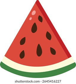 Cartoon-style triangular watermelon slice vector with seeds, great for fruit packaging, refreshing summer graphics, or tropical content themes.