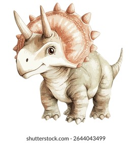 Um Tricerátops estilo cartoon com um prego pontiagudo e três chifres, renderizado em um estilo aquarela, de pé em um ligeiro ângulo.